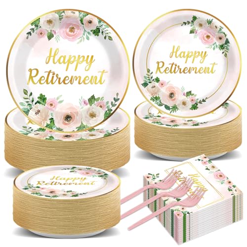 200Pcs Flower Retirement Party Decor for Women White Peony Happy Retirement Plates Tableware Pink Gold Floral Retirement Dinnerware Napkin for Goodbye Going Away Farewell Party Supplies 50 Guests
