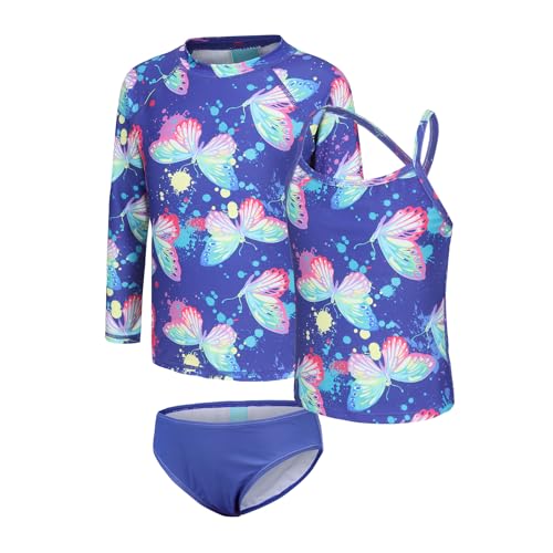 Image of Girls 3 Piece Swimsuits Set Long Sleeve Rash Guard Tankini Bathing Suits for Girls Beach Swimwear Set 3-16 Years