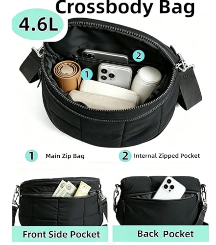 Image of Crossbody Bags for Women, Puffy Bum Bag with Multiple Pockets, Nylon Crossbody Purse for Daily Travel