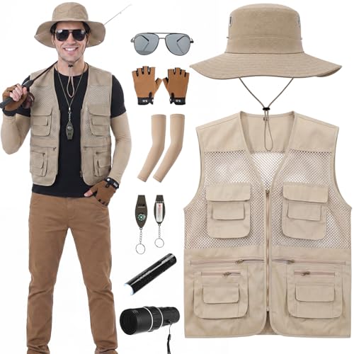 Mepase 8 Pcs Mens Safari Costume Zoo Keeper Fishing Vest Sun Bucket Hat Binocular Compass Gloves for Adults(Novel)