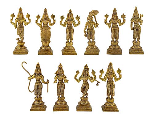 Image of Pure Brass Dashavatar of Lord Vishnu Statues Ten Incarnations Avatars Idol Murti for Mandir Puja Temple (Color: Antique Yellow, Height 6 Inches)