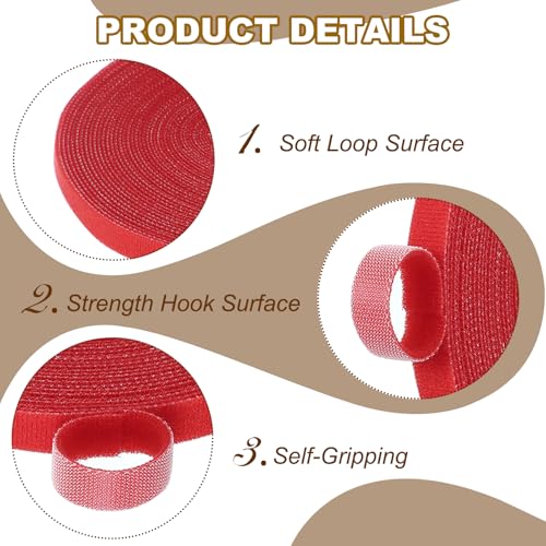 Image of PATIKIL 0.4IN x 33FT Hook and Loop Tape, 2 Pcs Double-Sided Nylon Strips Reusable Cable Ties Roll Multi-Purpose Cord Management Tape Wrap Fastener for Home Office, Red