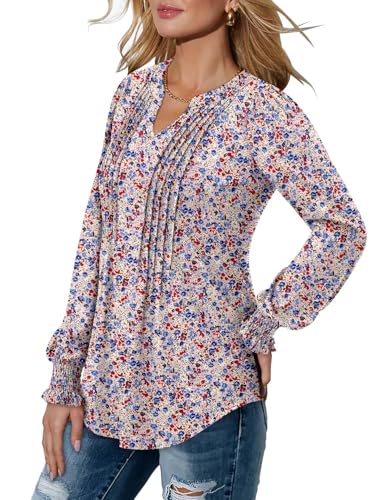 BETTE BOUTIK Long Sleeve Shirts for Women Fall Tops Dressy Blouses Pleated V Neck Tunic Tops for Leggings S-3XL