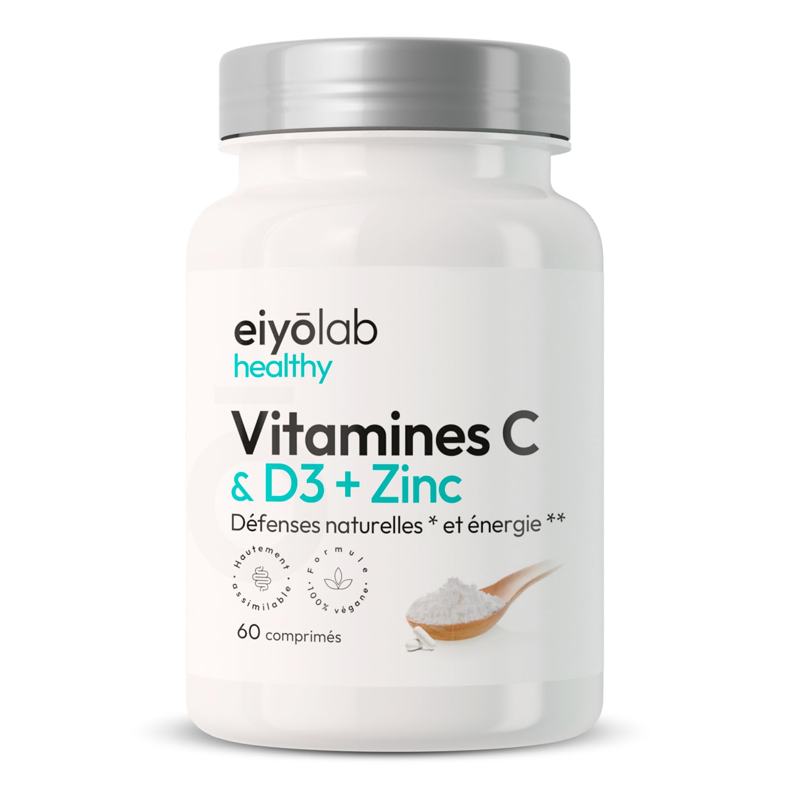 Vitamine C & D3 + Zinc Bisglycinate | Hautement Dosé | Formule Immunité et Vitalité Complète | 2 Mois de Cure par Flacon | Hautement Assimilable et Biodisponible | 60 Comprimés Vegan | Eiyolab