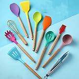 12-teiliges buntes Silikon-Küchengeschirr-Set, Antihaft-Pfanne, Kochspatel, Löffel, Holzgriff, hohe Temperaturbeständigkeit (Stil 2)