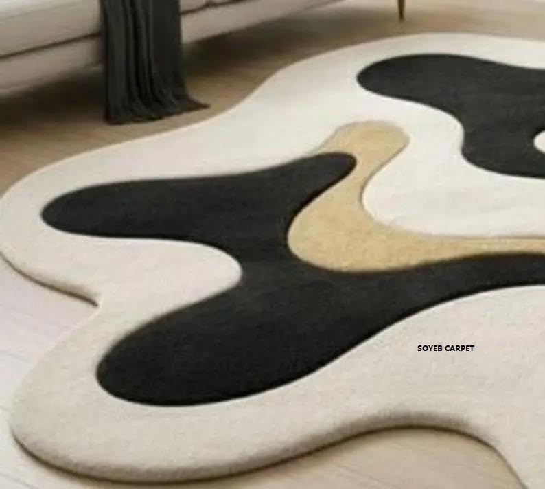 Image of Irregualr Shape Hand Tufted Carpet Pure Soft Wool Non Slip & Durable Easy to Clean Floor Area Rug Modern Design Carpet for Living Room 5X8 Feet (150x240 cm)