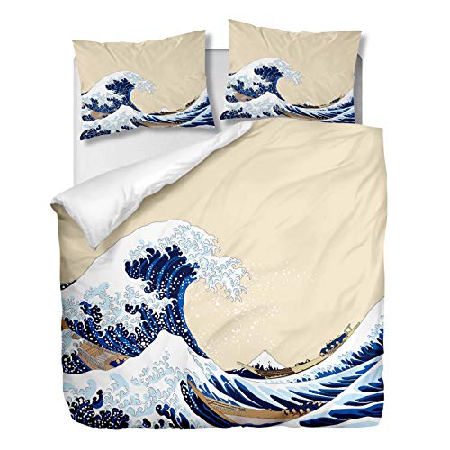 OliveSleep - Set copripiumino per letto matrimoniale, motivo La grande onda, stile giapponese del XIX secolo, decorativo, 3 pezzi, con 2 federe (Multi 4, matrimoniale)