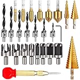 LAMPTOP 26-Pack Woodworking Chamfer Drilling Tools Including 6 Countersink Drill Bits, 7 Three Pointed Countersink Drill Bit with L-Wrench, 8 Wood Plug Cutter, 3 Step Drill Bit, and Automatic