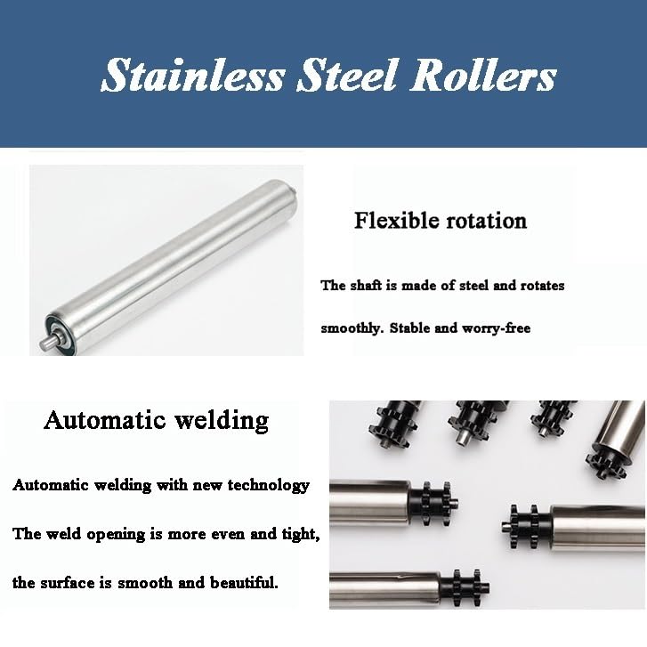 Diagram highlighting flexible rotation and automatic welding features of stainless steel conveyor rollers.