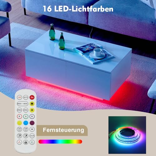 CLIPOP Hochglanz Couchtisch weiß mit LED, Wohnzimmertisch mit 4 Schubladen, einstellbaren Lichtfarben, Mitteltisch mit Stauräume, Moderner Sofatisch, Teetisch für Wohnzimmer, 100x55x40cm – Bild 5