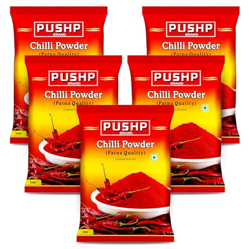 Image of PUSHP Brand Red Chilli Powder 200g, Lal Mirch Powder with natural Oils | Patna Quality Lal Mirchi Powder (Pack Of 5) | Perfect for Cooking, Pickles, Gravies & Traditional Indian Dishes