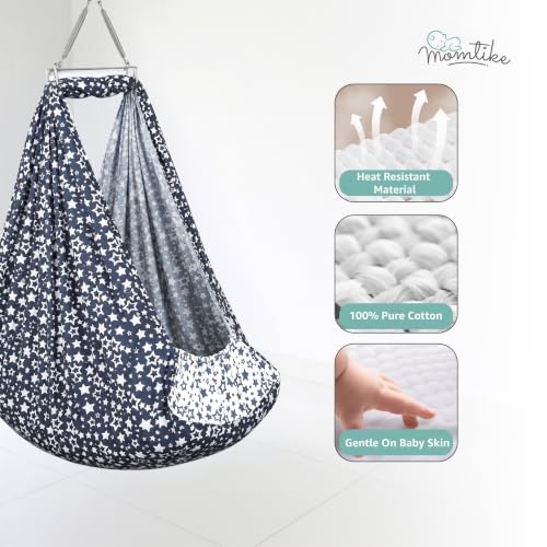 Image of Baby Cradle Swing for Newborns | Cotton Fabric Filled with Recron Fibre | Hanger Spring, Mosquito Net & Mattress with Insert Pocket | Jhoola, Thottil, Joli, Jokali, Onjal (Navy Star)
