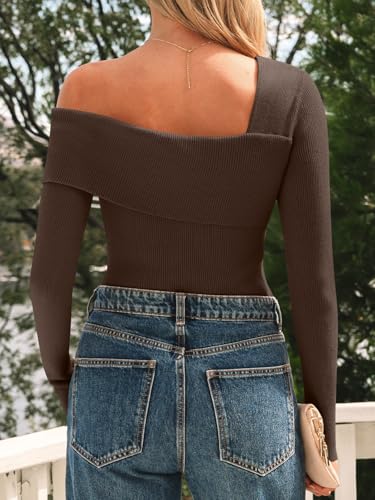 Image of LILLUSORY Womens Off the Shoulder Sweaters Going Out Fall Top | Flattering ribbed knit bodycon pullover for date night. Chic asymmetric neckline. Stretchy holiday party clubwear clothes