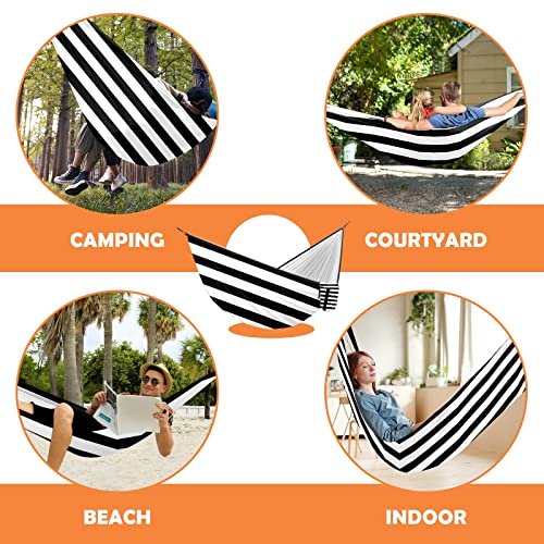 Outdoor Camping Hammock Black And White Stripe Double & Single Hammocks With 2 Tree Straps, Lightweight & Portable Heavy Duty Nylon Hammocks For Backpacking, Travel, Beach, Backyard, Patio, Hiking #TOP5