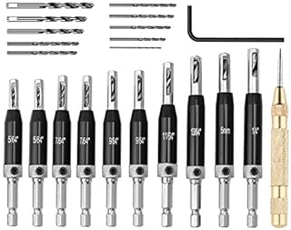 22PCS Self Centering Drill Bit Set, Door Window Cabinet Hinge Hardware Drill Bits, 10 Tapper Core Hole Puncher with 10 Replacement Drill Bits & Hex Key & Center Punch