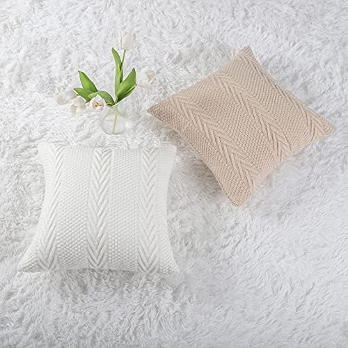Mandioo Cotton Knitted Decorative Throw Pillow Covers Soft Cozy Outdoor Cushion Cases Luxury Modern Pillowcases for Couch Sofa Bed 18x18 Inches White