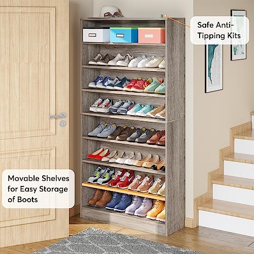 Tribesigns Tall Shoe Cabinet, 9 Tiers 40-45 Pairs Heavy Duty Wood Freestanding Shoe Storage Cabinet, 70.8'' Tall Shoe Cabinet with Open Storage for Entryway (Beige Gray)