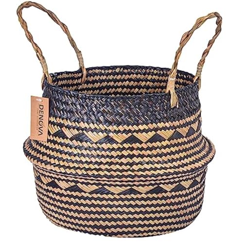 DENOVA Seagrass Belly Basket with Handle, Woven Planter for Indoor and outdoor, Multipurpose Storage Organizer, (Small, Natural Black)
