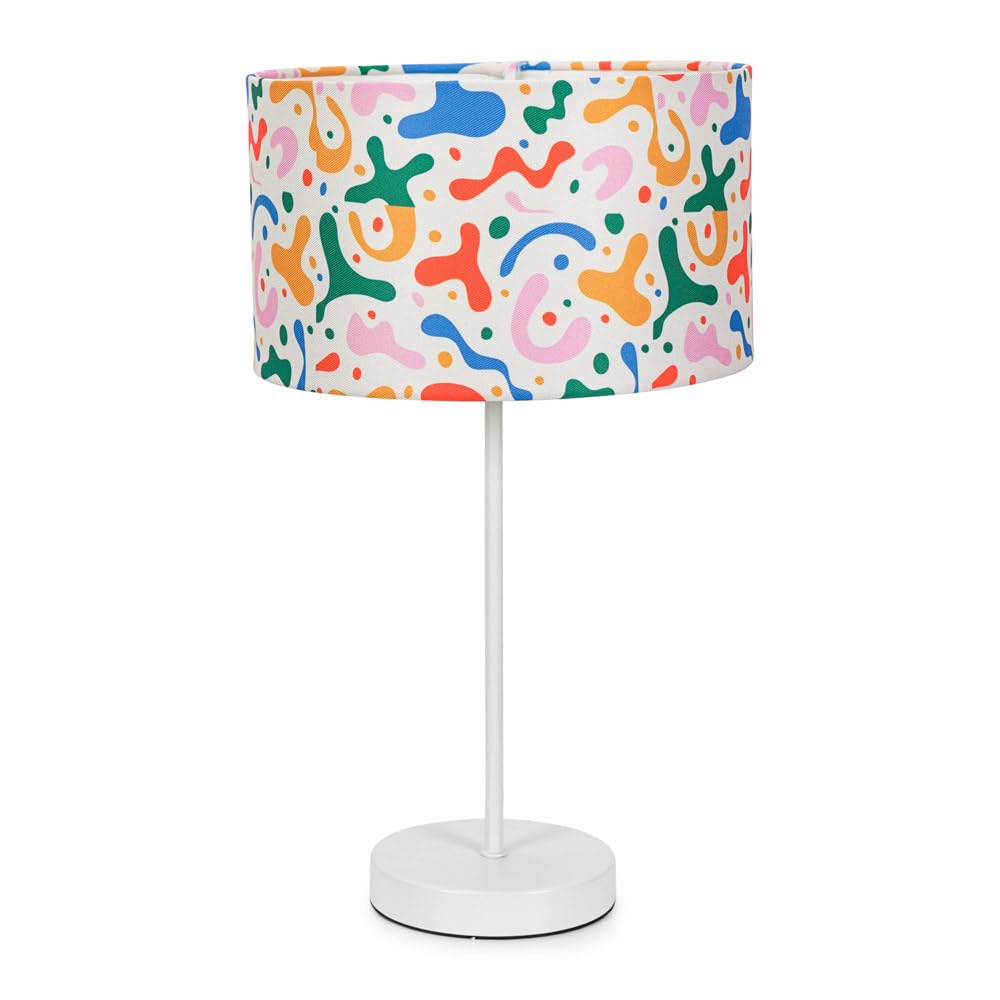 ValueLights | White Metal Single Stem Table Lamp with Kids Abstract Drum Lampshade for Bedroom | Table Lamps, Home Décor & Improvement Essential | Included LED Bulb