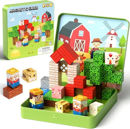 Magnetische Bausteine Reise Spielset, 49PCS Reise Magnet-Bausteine Spiel, Bauernhof Tiere magnetische Konstruktionen Spielzeug für Kinder ab 3 Jahren, STEM Montessori stapeln Spielzeug