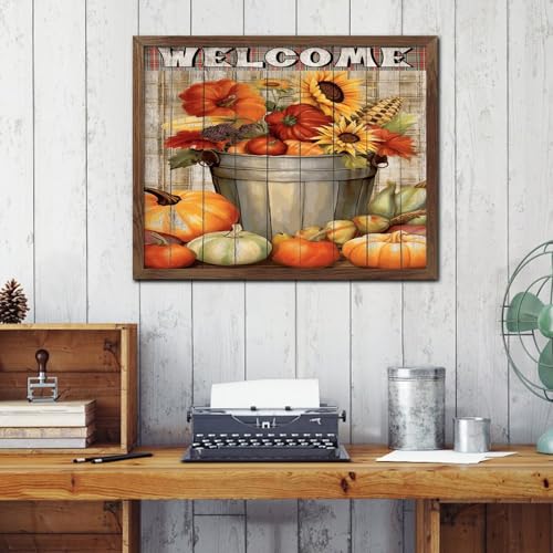 Panneau de décoration murale en bois rustique Welcome Gallery fleur d'automne et citrouille