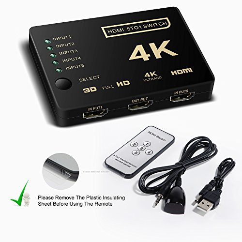 HDMI Switch 5X1, Support HDCP 1080p 5 in 1 Out HDMI Switcher 4K Intelligent 5 Port 4K HDMI Auto Switcher Box Audio/Video Switcher Adapter Compatible with 4K Ultra HD Resolution for PC Xbox(5 in 1 Out)
