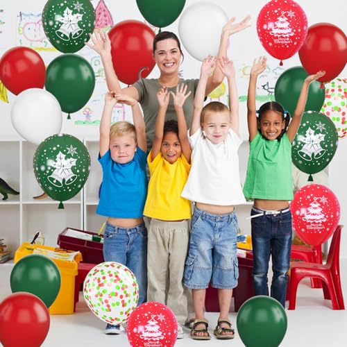 Image of Christmas Balloons, 12 Inch Green Red White Xmax Balloons with Deer Christmas Tree Printed Balloons Red Green Confetti Balloons for Christmas Party Baby Shower Birthday Decorations Supplies