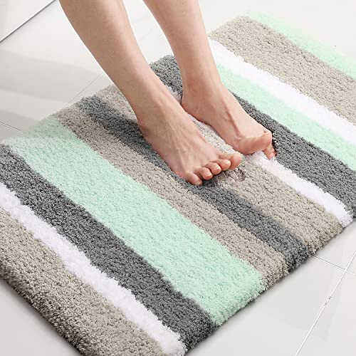 Buganda Microfiber Striped Bathroom Rugs Bath Mat, Extra Thick, Soft and Shaggy, Absorbent, Machine Washable, Bath Rugs for Bathroom, Tub and Shower, 24x16 Inches, Green-Grey