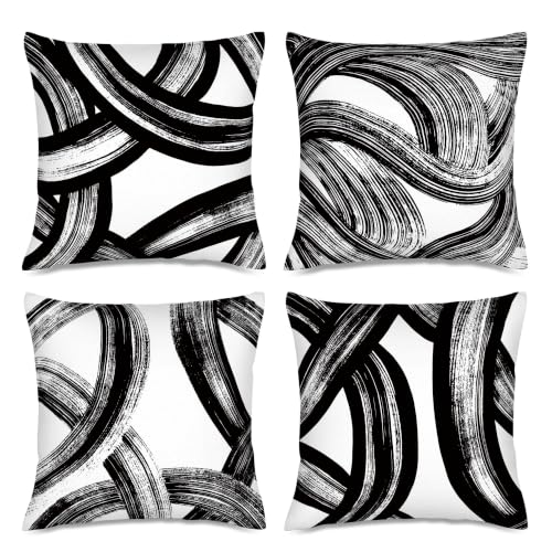 Weiscode 4 Pack Black and White Abstract Striped Throw Pillow Covers 18x18