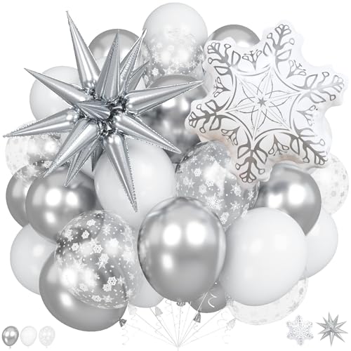 Image of White Silver Snowflake Christmas Balloons, Ice Snow Winter Party Balloons