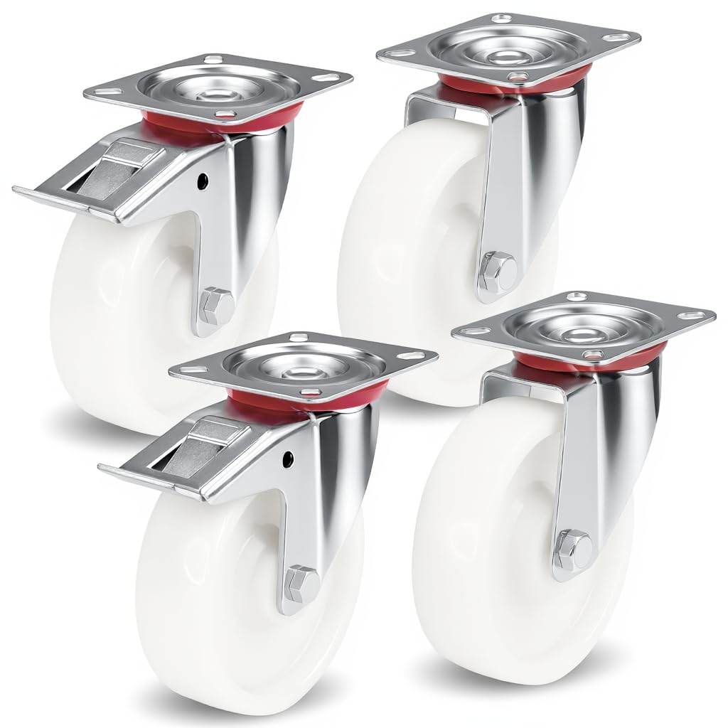 PRIOstahl - Juego de ruedas de transporte (100 mm, con freno, giratorio 360°, color blanco, 80 kg, capacidad de carga por rollo)