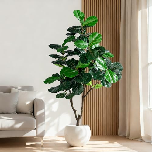 Image of Erimda Artificial Fiddle Leaf Fig Tree 6ft with White Planter Realistic Fiddle Leaf Lyrata Plant Tall Fake Tree with Natural-Looking Leaves Fake Tree for Indoor Outdoor Home Office Decor