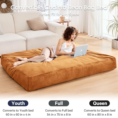 Bean Bag Chairs for Adults - Giant Bean Bag Chair Convertible Bean Bag Bed - Beanbag Chair with Micro Fiber Cover/Furniture Foam Filler - Floor Couch Sofa in Bedroom Dorm Room - Full Golden Brown