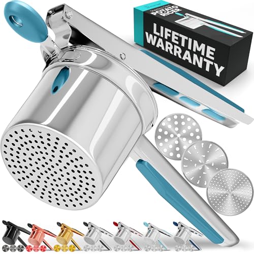 Image of PriorityChef Large 15oz Potato Ricer With 3 Discs, Heavy Duty Stainless Steel Potato Ricer for Mashed Potatoes, Potato Masher, Press and Ricer Kitchen Tool, Turquoise