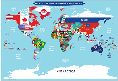 World Map Poster with Countries FLAGS For Kids (SMALL size13x19 World Map Laminated) Perfect World wall Map for School classroom or home