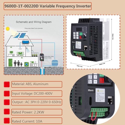2,2-kW-Geschwindigkeitsregler mit Variabler Frequenz, 9600D 1T00220D Solar-Photovoltaik-Wechselrichter 220 V, Doppellagige Leiterplatte, Rote Digitalröhre