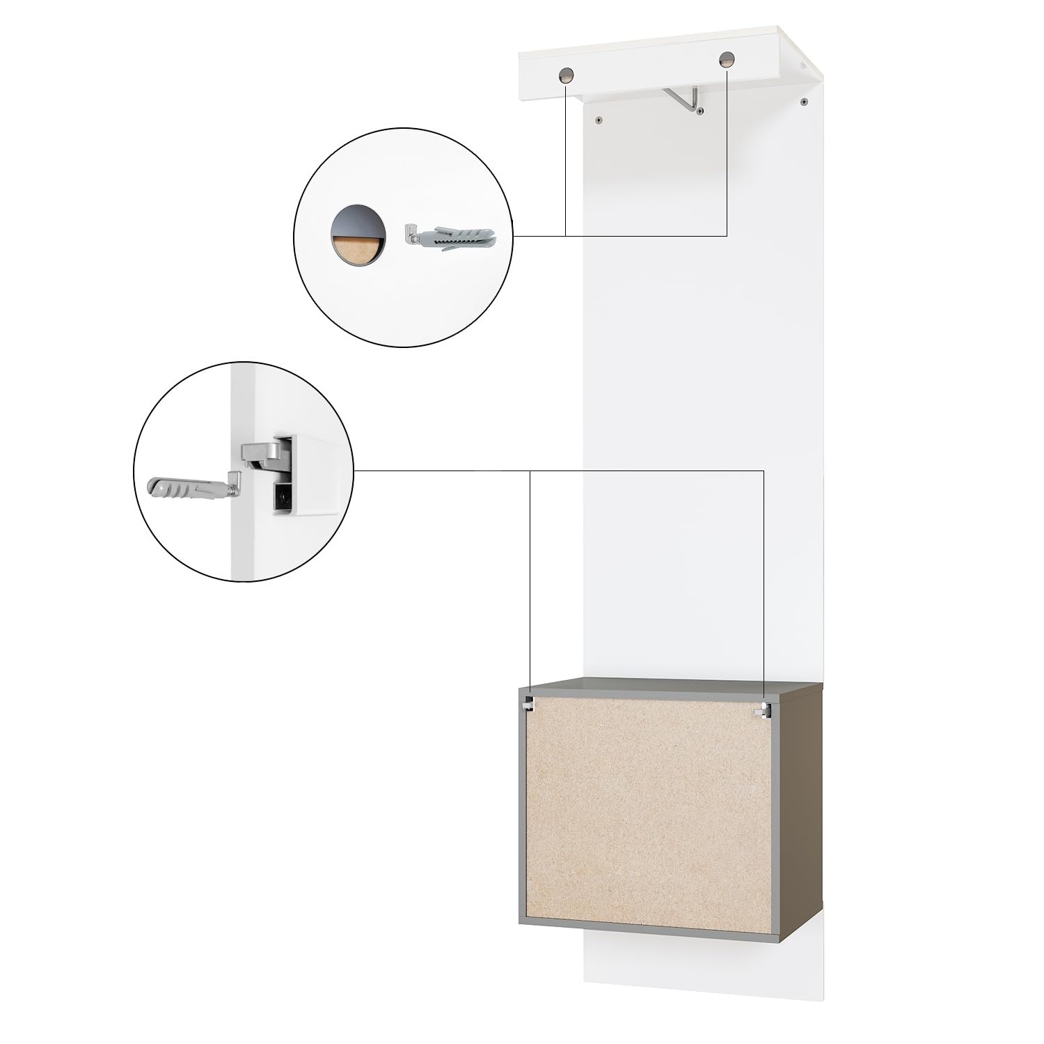 Vladon Garderobe Carlton Set 5 Wandgarderobe aus Flur-Paneel mit Kleiderstange & Wandschrank Anthrazit matt Weiß Hochglanz 52 x 193 x 35 cm
