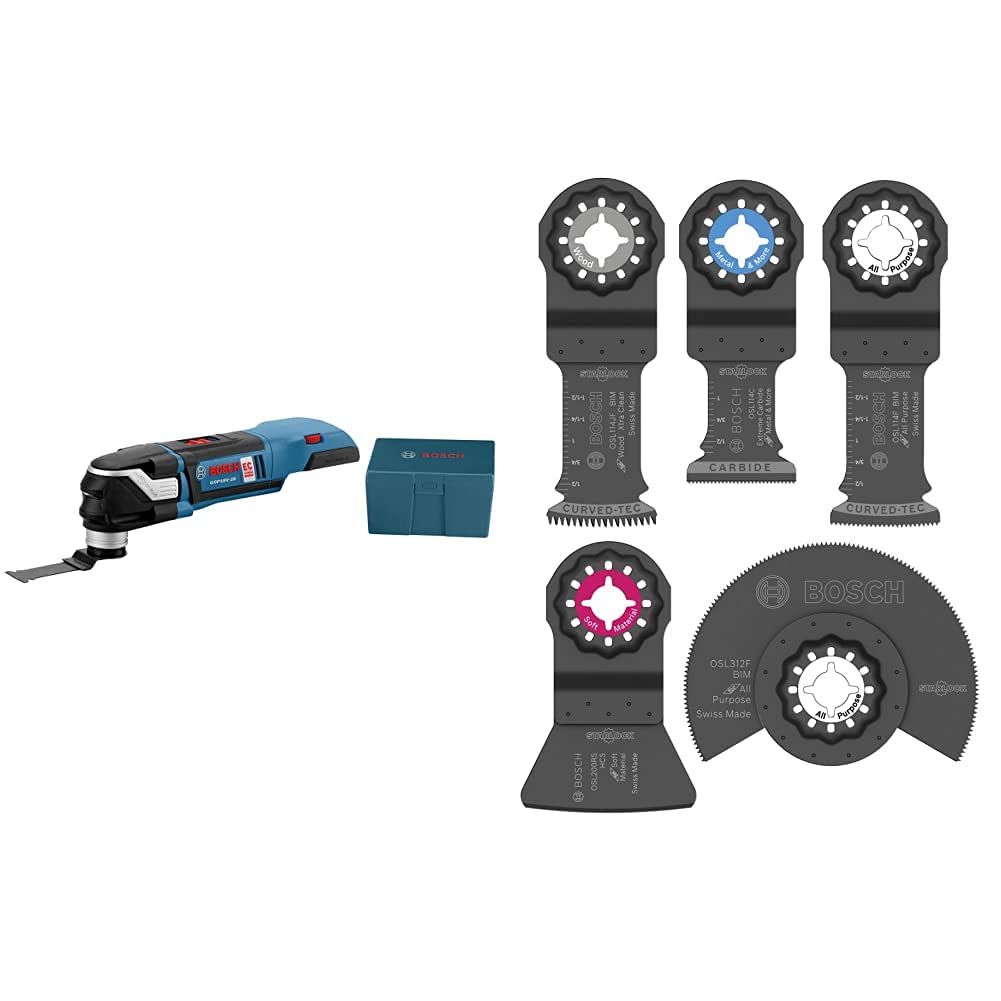 BOSCH 18-Volt EC Brushless StarlockPlus Oscillating Multi-Tool Bare Tool GOP18V-28N with BOSCH OSL005C Five-Piece Starlock Oscillating Multi Tool Accessory Set with Case