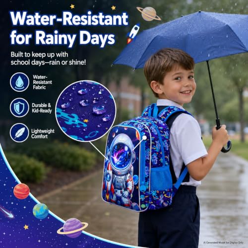 Image of AGSDON 3PCS Astronaut Backpack for Boys, 16 inch Little Kids Preschool Bookbag, Elementary Backpacks and Lunch Box - Blue