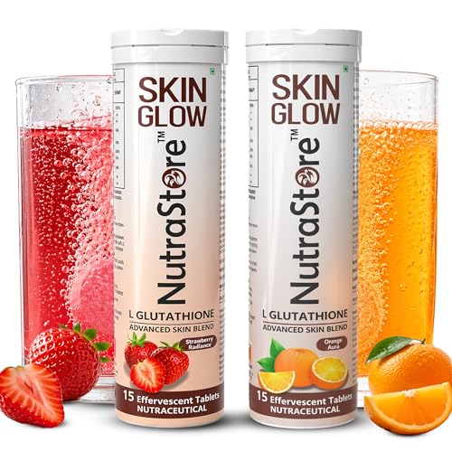 Image of NutraStore Skin Glow | L Glutathione Effervescent Tablets Combo Pack | Orange Aura & Strawberry Radiance Flavor | With Vitamin C, Hyaluronic Acid, Biotin, Astaxanthin & Zinc | Advanced Antioxidant Skin Blend | 2 x 15 Tablets