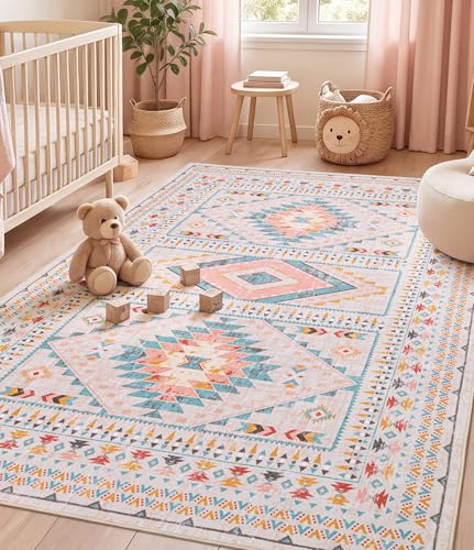 Tapete Boho para Sala 5'x7' Rosa/Azul miniatura 3