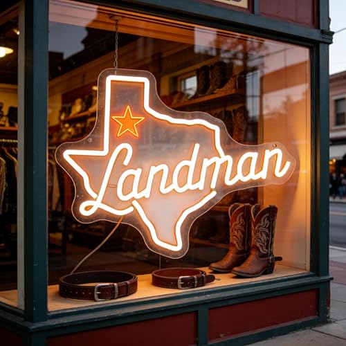 Image of Texas Neon Sign,Landman Mrech | Texas State Outline with Star & Script Lettering, 15.7 inchx11.8 inch Yellow LED Wall Light for Man Cave, Bar, Office, USB Powered