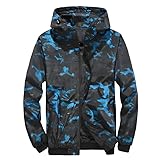 [Four leaf] 迷彩 ウインドブレーカー マウンテンパーカー メンズ 長袖 ナイロンジャケット (XL, 青)