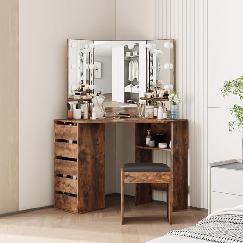 GarveeHome Corner Vanity and Stool, Corner Vanity Desk with Mirror and Lights, Corner Makeup Vanity with Power Outlet, 3 Color & Brightness Adjustable Light, Makeup Vanity for Girls,Dark Brown