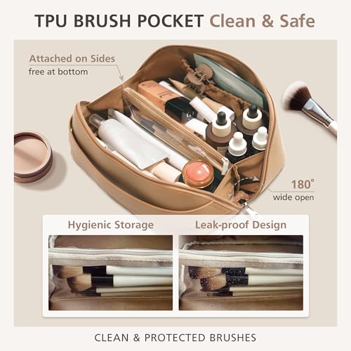 MELINE Travel Makeup Bag – Large Capacity Cosmetic and Toiletry Organizer with Divider and Handle, Waterproof Flat-Open Design, Portable Pouch for Women (Taupe)3