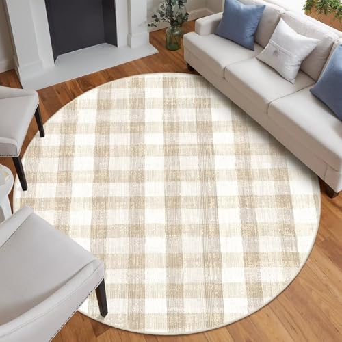 Image of Checkered Area Rug, 9 Ft, Beige | Washable, Non Slip, Modern Neutral, For Living Room Bedroom Office Patio Dining Room