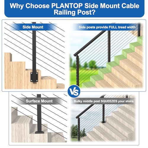 Image of 4-12ft Complete Set 36 inch Side Mount Cable Railing Post for 25-35 Degrees Stair, 2 Pack Black Right Fascia Mount Stair Post, 150ft 1 /8 inch Cable(No Handrail), Swageless Cable Railing Kit, MY10-SP