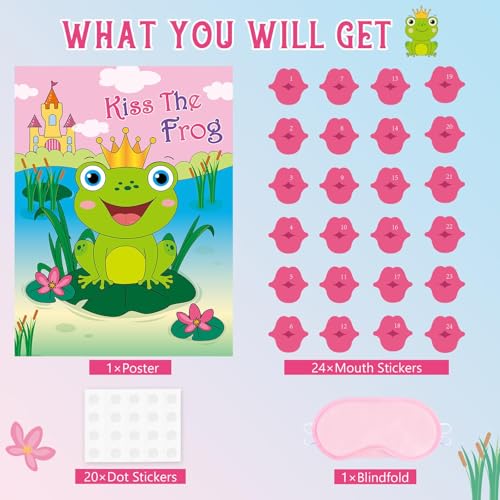 Image of WERNNSAI Valentines Party Game - Pin The Kiss On The Frog Valentines Day Party Games Valentine Frog Pin Game for Classroom Family School Activities 21'' x 28 inch Poster with 24 PCS Stickers