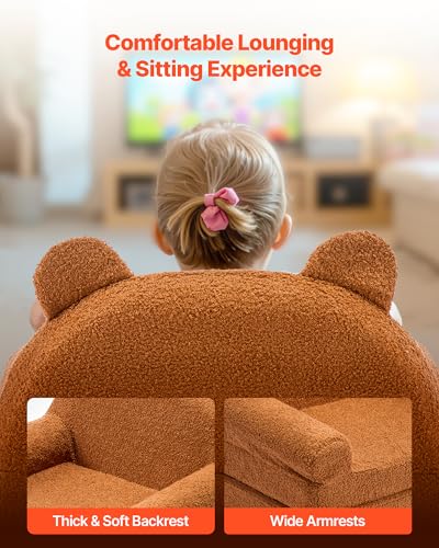 VEVOR Kindersofa Kindersessel aus 28D-Schwamm & Teddyplüschstoff mit Armlehnen, 2 in 1 Kindersofa Kindercouch umwandelbares Schlafsofa zum Lesen oder Spielen Braun M (Maß) Spielzimmer Wohnzimmer