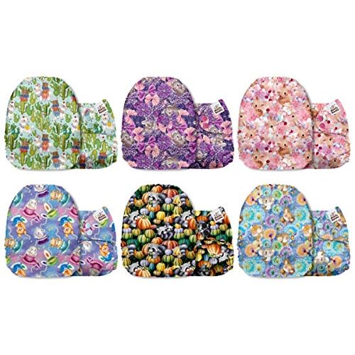 Mama Koala 3.0 Cloth Diapers for Babies with AWJ Lining, 6 Pack with 12 5-Layer Bboo(No Microfiber) Cloth Diaper Inserts - Reusable and Washable Pocket Diapers(12-My Warm Heart)